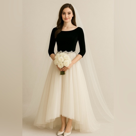 Winter Wedding?! Vintage Black Velvet & White Satin/Tulle High Low Dress Size 6 - Picture 1 of 7